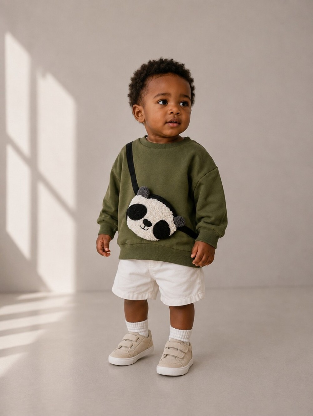 Next Kids Panda Crossbody Sweatshirt Olive Green 1.5-2Y Cozy Pull Over
